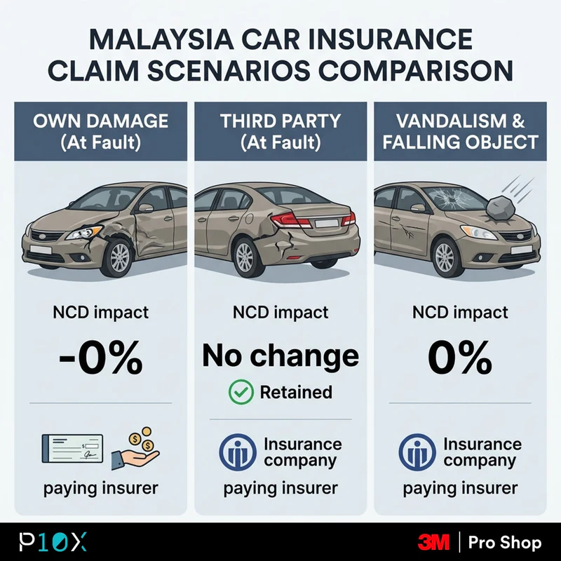 PPF insurance claim Malaysia comparison of three scenarios (Own Damage at fault, Third Party at fault, Vandalism and falling object) with NCD impact and paying insurer.