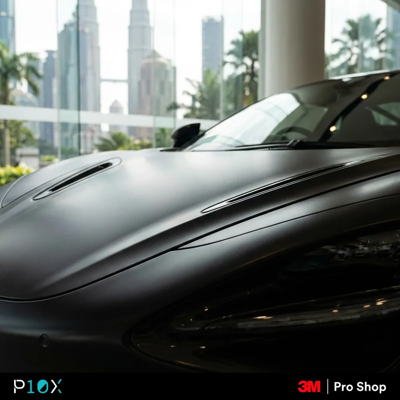 Close-up of a luxurious car's bonnet covered in matte paint protection film (PPF), reflecting the soft Malaysian light and highlighting its unique non-glossy fi