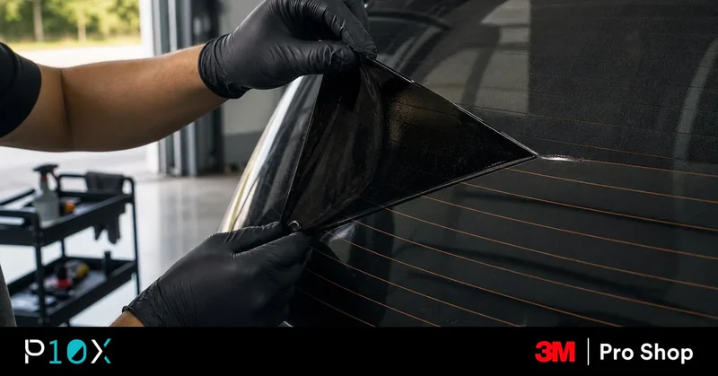 Car tint removal in Malaysia, with a technician lifting old film off a rear windscreen above the defogger lines.