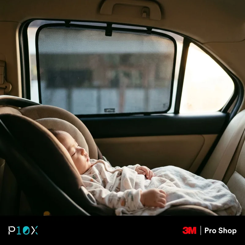 Complete back-seat sun protection setup with UV tint and sunshade to protect a baby from the sun