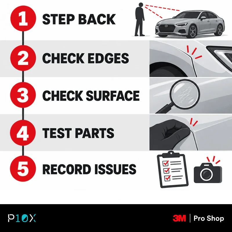 PPF handover checks: step back, inspect edges and surface, test parts, and record issues.