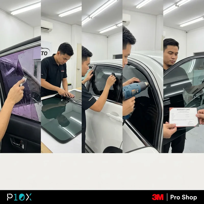 Retint car windows Malaysia professional process showing five steps from old film removal to final warranty check