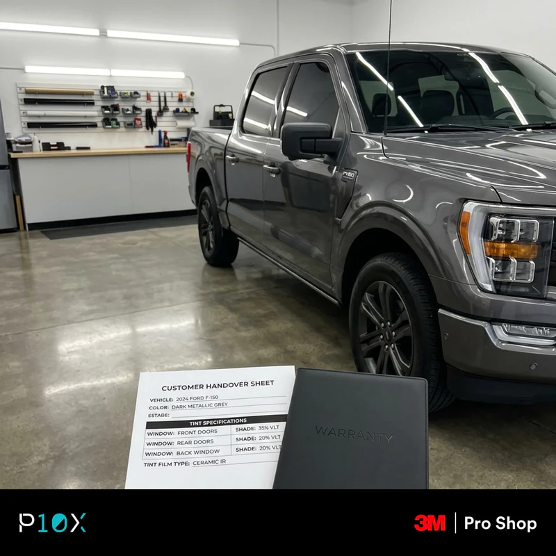 How a professional shop documents a car tint handover with photos, job sheet, and warranty file