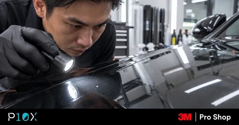 Technician checking a speck of dust under PPF on a dark car bonnet.
