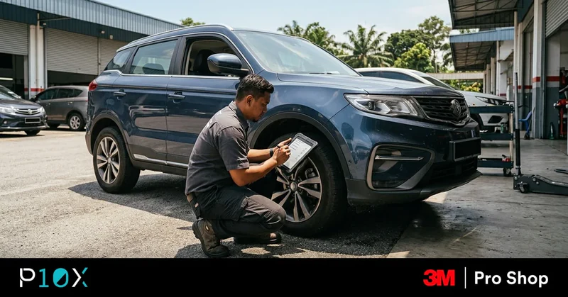 Technician documenting a car during a 3M Pro Shop pre-installation inspection in Malaysia