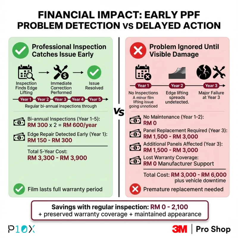 PPF maintenance Malaysia cost comparison showing financial savings of early problem detection through professional inspection versus delayed action requiring replacement