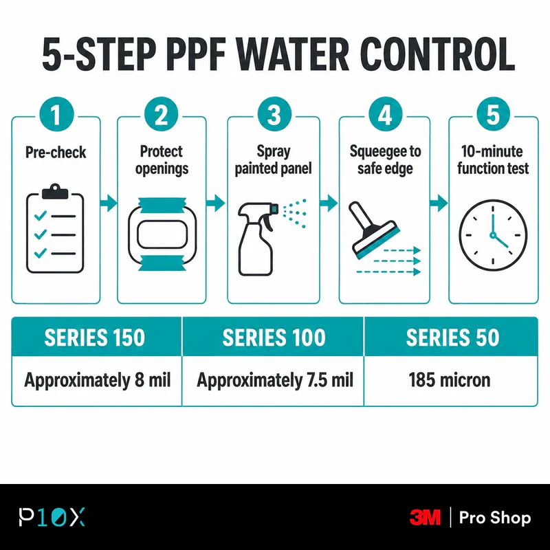 Five-step PPF installation water control timeline with a post-install electronics test.
