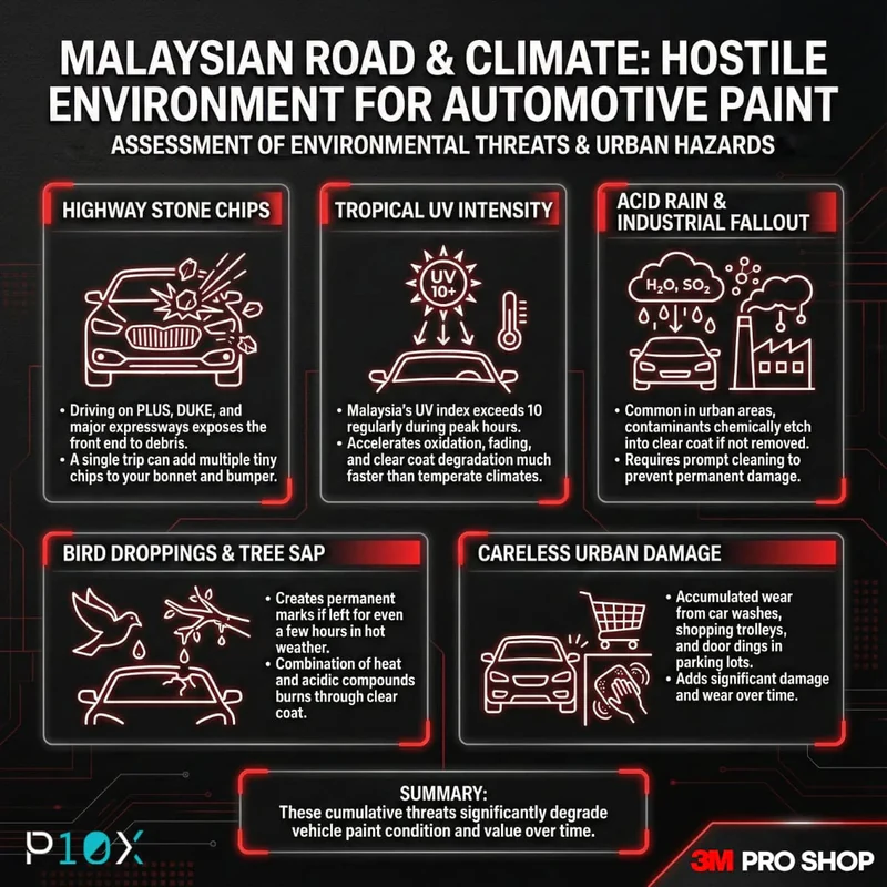 Paint protection film Malaysia comparison showing stone chip damage prevention on car bonnet