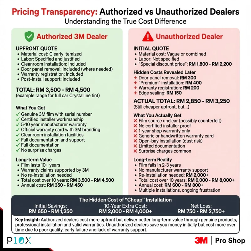 3M authorized dealer Malaysia pricing comparison showing transparent upfront costs versus hidden fees from unauthorized dealers with long-term value analysis