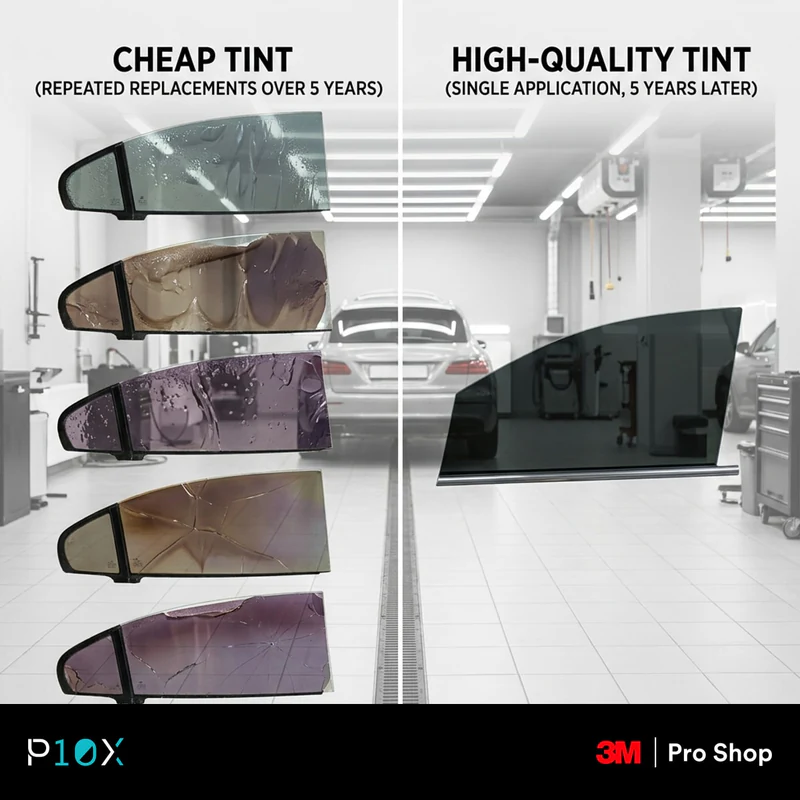 Five-year cost comparison of cheap car tint redone repeatedly versus one 3M install