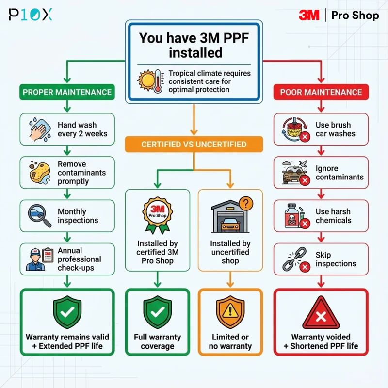 PPF warranty Malaysia decision flow showing how proper maintenance and certified installation protect warranty coverage and extend film life