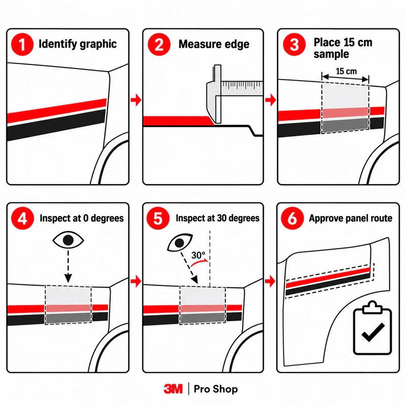 Six-step schematic inspection of a 15 cm PPF sample across a factory graphic edge before approving the panel route.