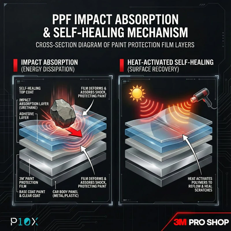 3M paint protection film cross-section showing protective layers on car paint