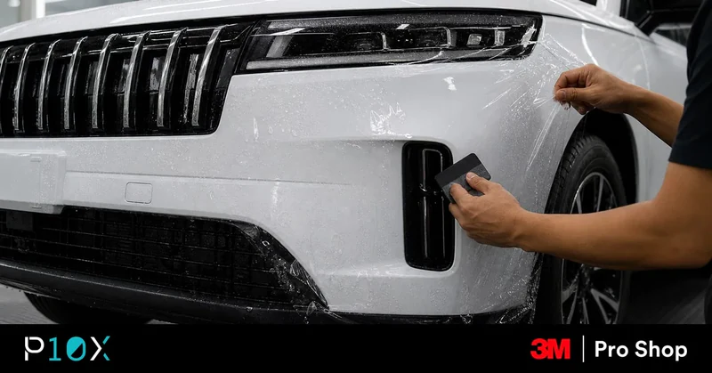 Close-up of the front bumper and bonnet of a compact white SUV in a Kuala Lumpur carpark in strong afternoon sun