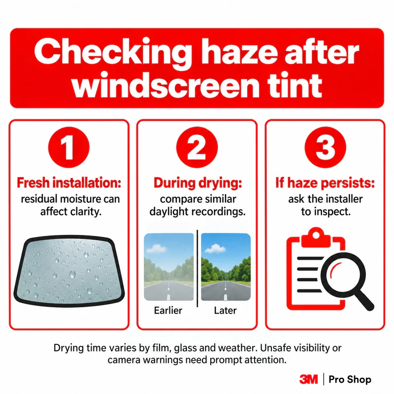 Steps for monitoring tint haze without treating a fixed day count as a diagnosis