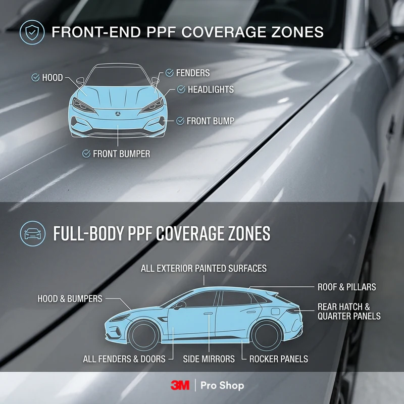 Infographic comparing front-end versus full-body 3M PPF coverage zones on a Denza Z9GT.