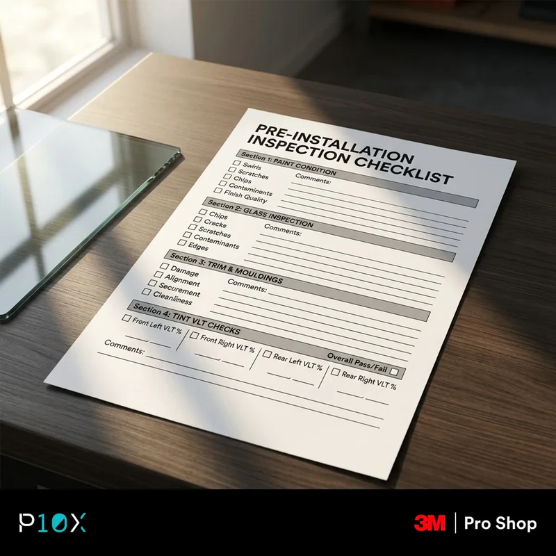 Pre-installation inspection checklist showing paint, glass, trim and tint VLT checks