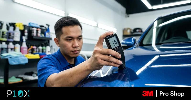 Car inspection checklist in Malaysia, technician measuring paint before tint and PPF