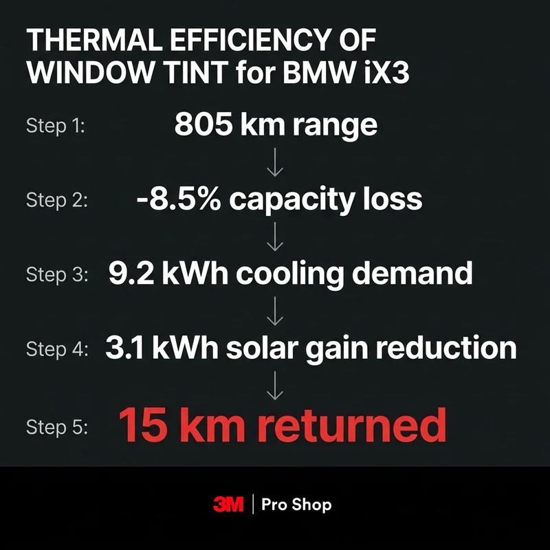 Calculation showing BMW iX3 window tint returning about 15 km of range per charge in hot weather.