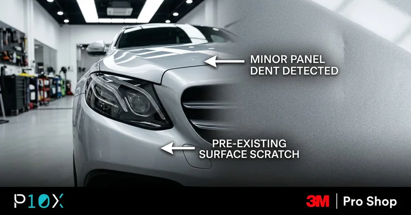 Check paint before PPF in Malaysia, arrow pointing at hidden bumper and bonnet defects on a silver car.