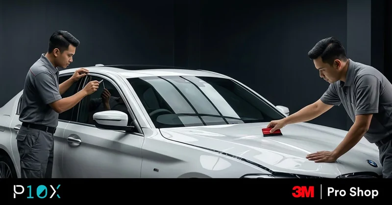 3M authorized tint and PPF shop Subang Jaya technicians inspecting window film and applying paint protection film.