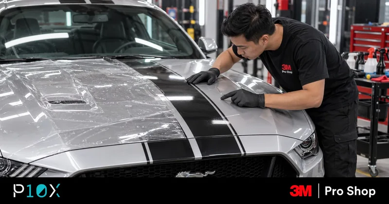 PPF over factory decals being assessed on a striped bonnet before installation.
