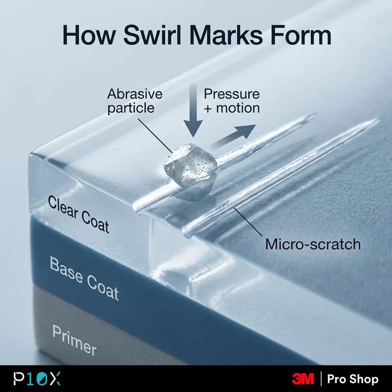 How new car swirl marks form in the clear coat through abrasive, pressure, and motion
