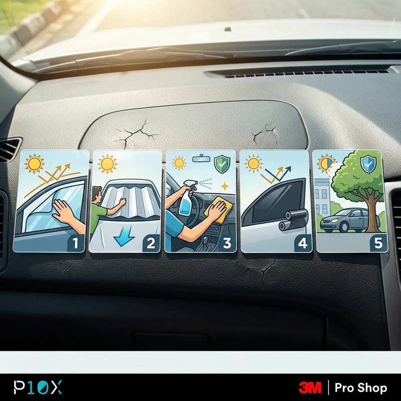 Dashboard UV protection action plan showing five steps to prevent cracking and fading in Malaysian car interiors