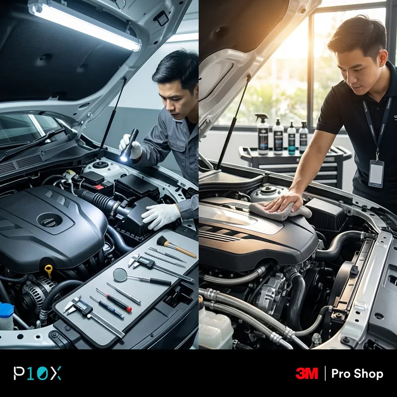 Scope comparison showing what a Puspakom inspection checks versus a 3M Pro Shop pre-installation inspection