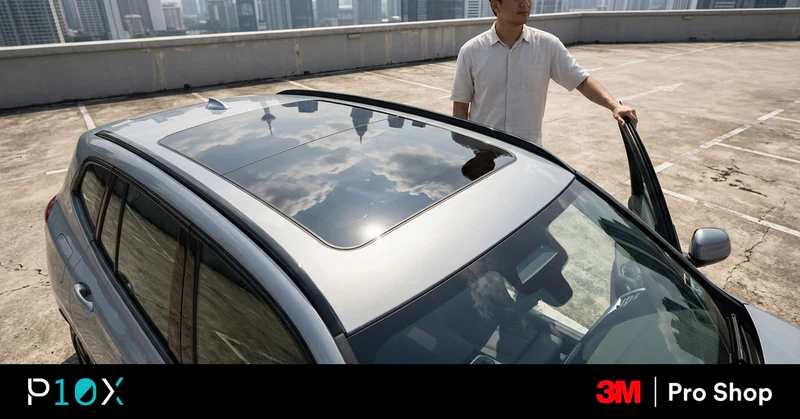 BMW iX3 window tint decision shown on a grey electric SUV with a panoramic glass roof in a KL rooftop carpark.