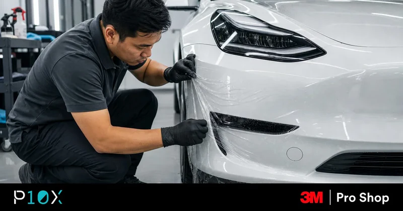 Technician checking the bonnet leading edge of a white Tesla Model 3 before PPF installation in a Malaysian carpark.