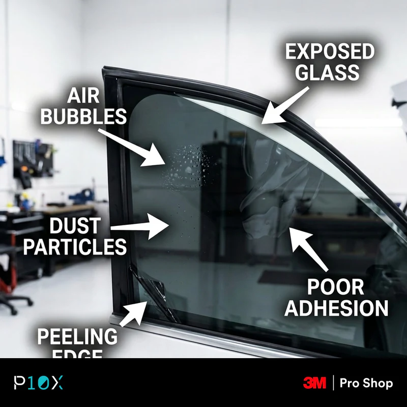 A close-up of a car window in Malaysia with a poorly installed tint showing air bubbles and lifting edges.