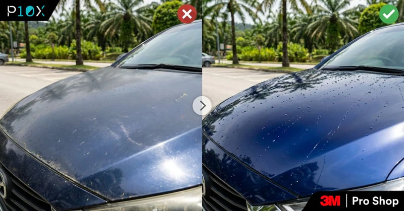 Paint protection film care tips Malaysia showing comparison between improperly maintained PPF with scratches and properly cared PPF with crystal clear finish on car bonnet