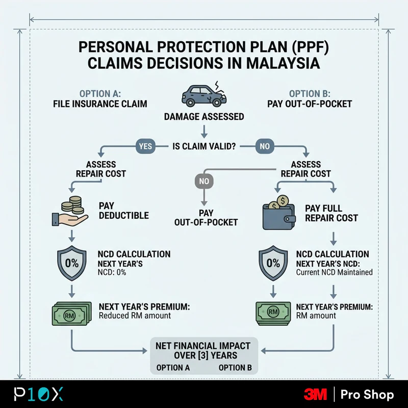 PPF insurance claim Malaysia NCD math decision chart showing when filing a claim makes financial sense versus paying out of pocket.