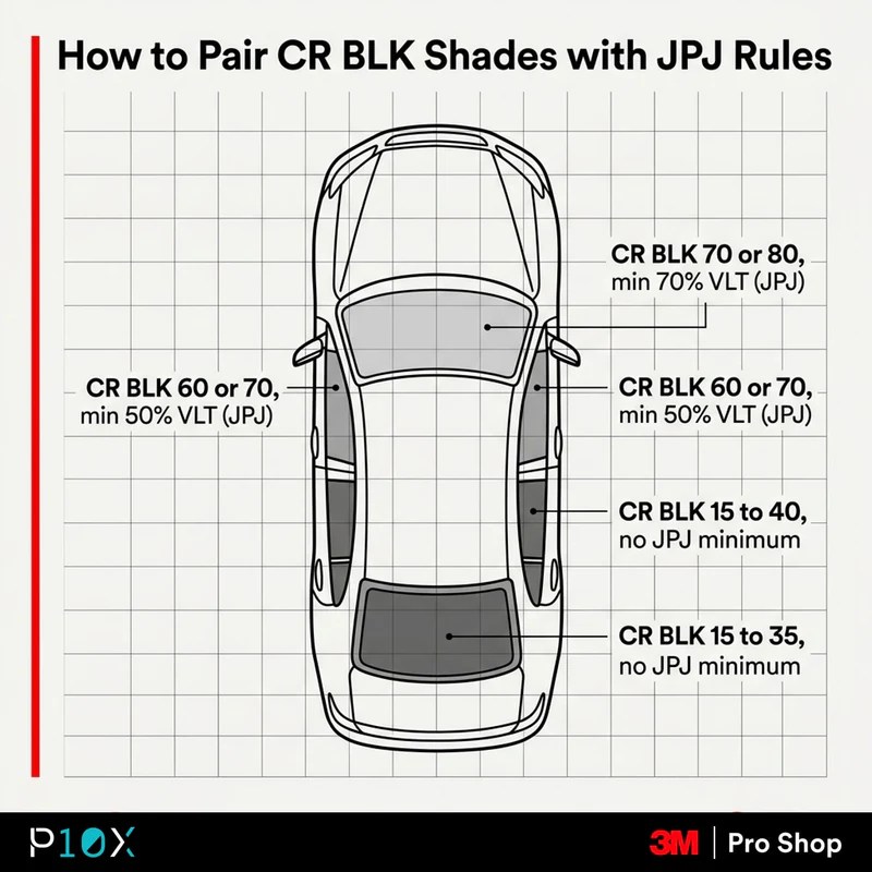 How 3M Crystalline works with JPJ rules, a diagram showing CR BLK shade pairing for the windscreen, front side, and rear of a Malaysian car.