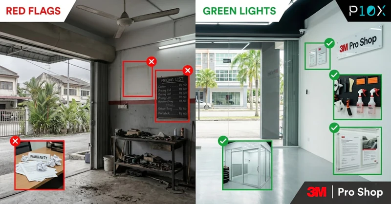 3M authorized dealer Malaysia comparison showing red flag warning signs versus green light approval indicators for choosing legitimate outlets