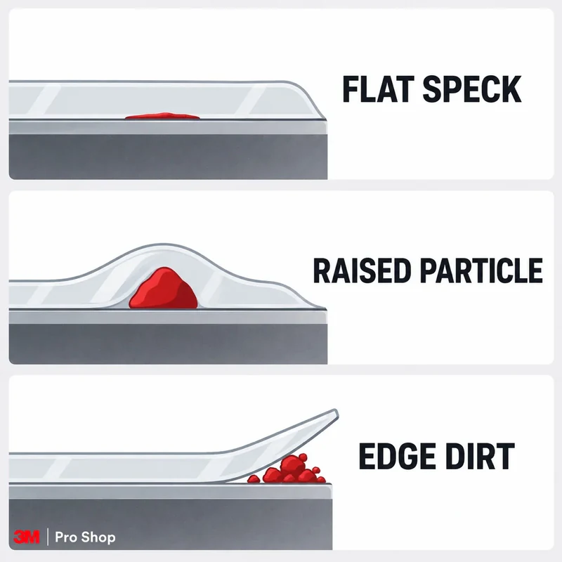 Three types of dust under PPF: flat speck, raised particle and edge dirt.
