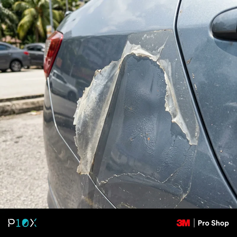 Comparison showing why to check paint before PPF in Malaysia, with film lifting over a weak respray.