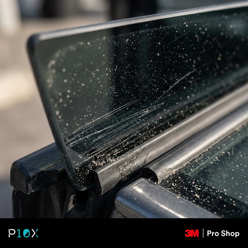Diagram of grit in the rubber door sweep scratching window tint as the glass moves