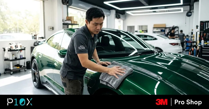 Car wrap care in Malaysia, drying a freshly washed glossy wrapped car with microfibre