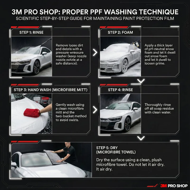 3M PPF washing guide infographic showing proper cleaning steps for paint protection film in Malaysia