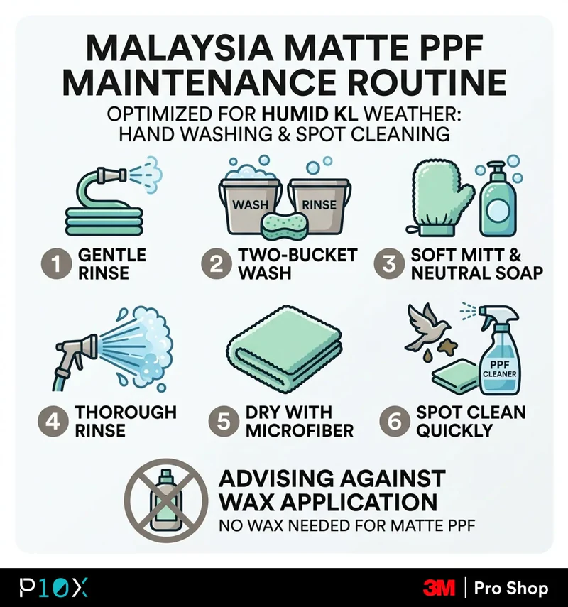 Matte PPF Malaysia maintenance routine infographic with six steps for hand washing, spot cleaning, and avoiding wax in KL weather