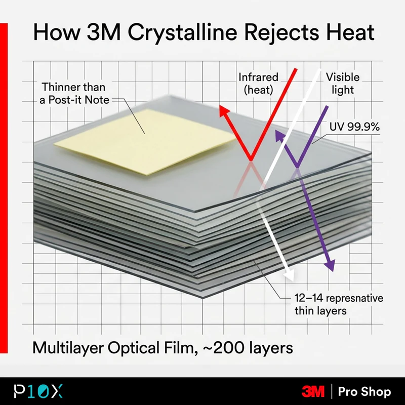 How 3M Crystalline works, a cross-section diagram of the multilayer optical film reflecting infrared and passing visible light.
