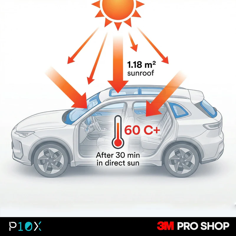Proton eMAS 7 cabin heat entry points showing solar energy through the panoramic sunroof and windows