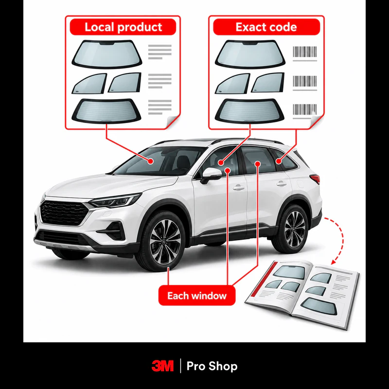 Infographic of a car outline linked to two quotation sheets with windscreen, front door and rear glass lines, labelled Local product, Exact code and Each window.