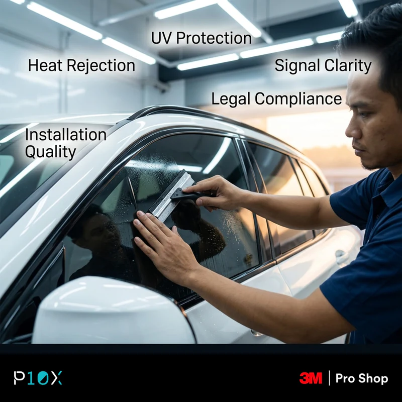 A sleek electric vehicle's side window featuring high-performance window tinting, parked on a bright street in Kuala Lumpur with a tropical sun glare.