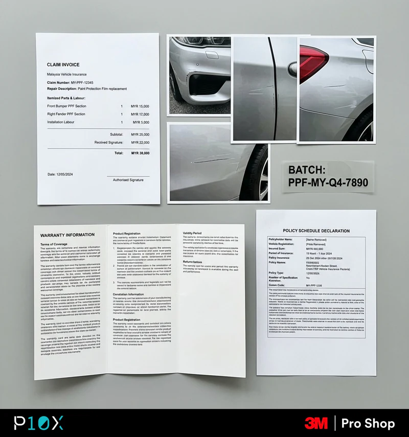 PPF insurance claim Malaysia Day 1 documentation pack checklist showing itemised invoice, panel photos, batch number, warranty card, and policy schedule declaration.