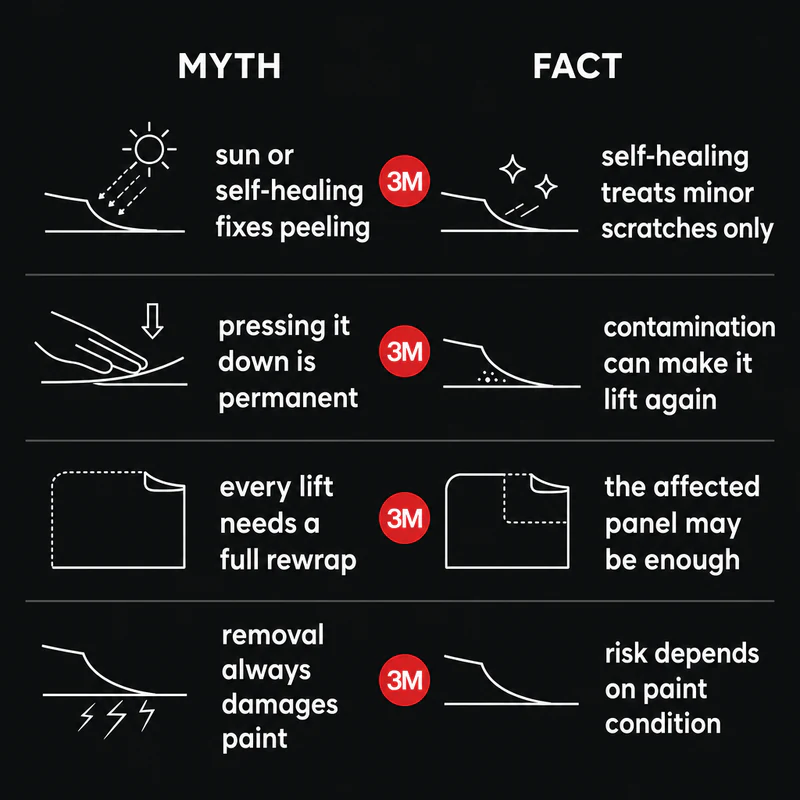 Peeling PPF replacement myths explaining self-healing, pressing edges, panel scope, and removal risk.
