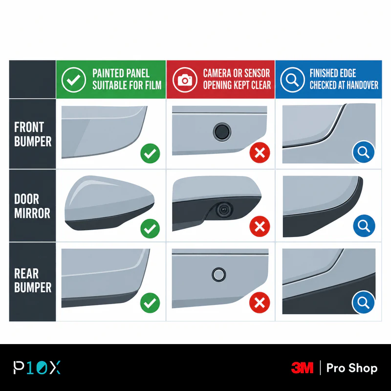 Volvo EX30 PPF fitting matrix showing painted coverage, clear sensor openings and checked film edges.
