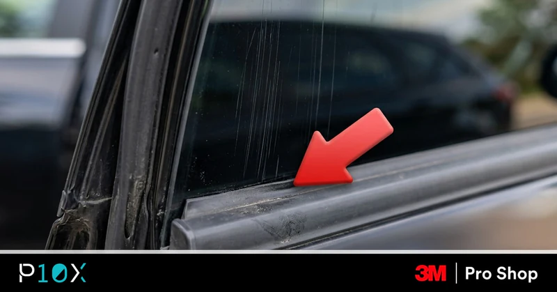 Window tint scratched by door seal with a red arrow pointing at the rubber sweep